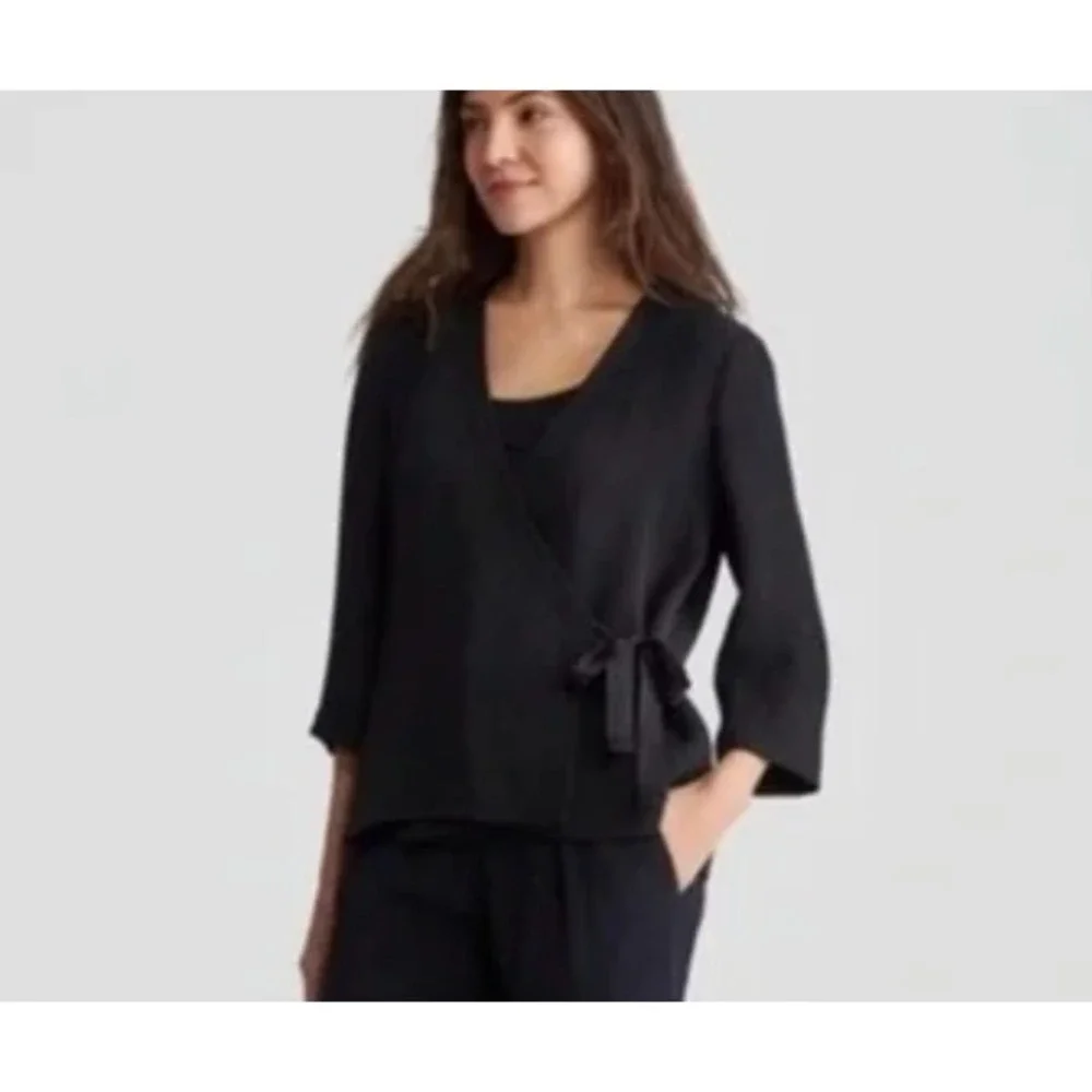 Eileen Fisher Women's Black Silk Blend Wrap Jacket with Satin Tie in‎ Size XXS